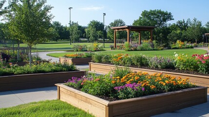 Scenic community park featuring vibrant raised flower beds and lush greenery during a sunny afternoon