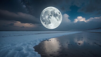 Fototapeta premium The full moon is a magnificent sight, casting a gentle, silvery light across the night sky, creating a sense of calm and wonder. As it rises above the horizon, its luminous glow illuminates the dark 