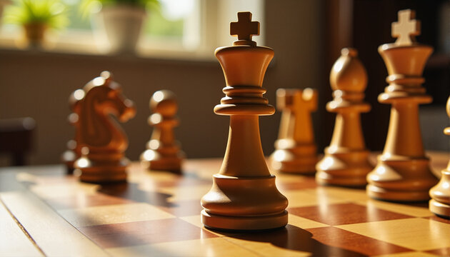 Wooden chess pieces in sunlight for blogs, websites, game-themed designs, educational materials, strategy presentations, and gaming tutorials