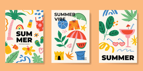 Summer hand drawn poster background vector set. Colorful abstract wallpaper with simple shapes, watermelon, coconut tree, pineapple. Happy summertime symbol illustration design for cover, banner.