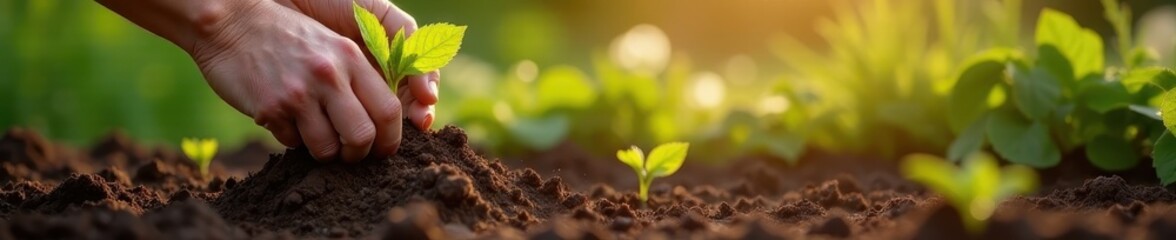 Dark brown and light hands gently planting in sunny garden bed , texture, brown skin, hands