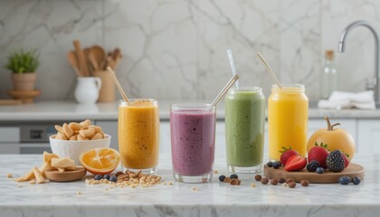 Fototapeta premium Refreshing smoothies and snacks displayed on marble countertop kitchen food photography contemporary culinary delight
