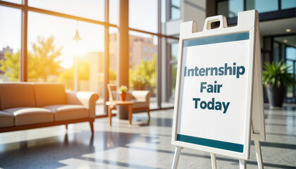 Internship fair sign in modern office setting for websites, presentations, educational materials, career development resources, event promotion, and business-related content