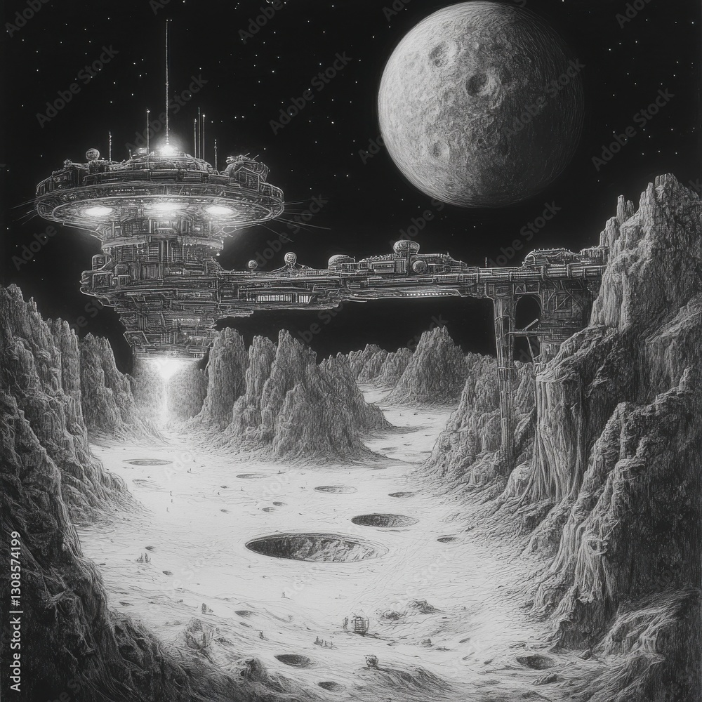 Poster Conceptual pencil rendering of a futuristic moon base exploring a distant celestial landscape