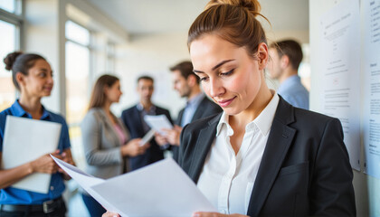 Professional woman reading documents with colleagues in a bright office for blogs, websites, corporate presentations, training materials, team management guides, and networking events