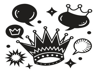 Black and White Doodle of Crown, Stars, and Speech Bubbles - Clipart
