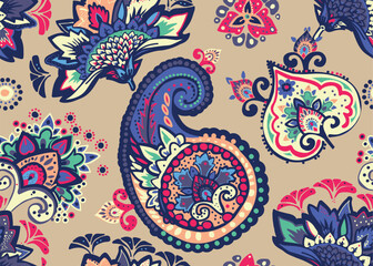 Seamless paisley pattern in Oriental style with floral and ethnic motifs for printed fabric, wallpaper, and packaging