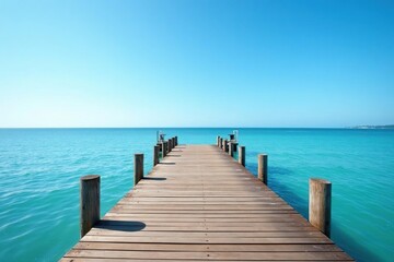 Fototapeta premium Wooden pier stretches over calm waters beneath blue sky, clear, calm, pier