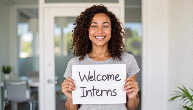 Smiling woman holding welcome interns sign in an office for blogs, websites, internship promotions, recruitment materials, human resources presentations, and professional networking