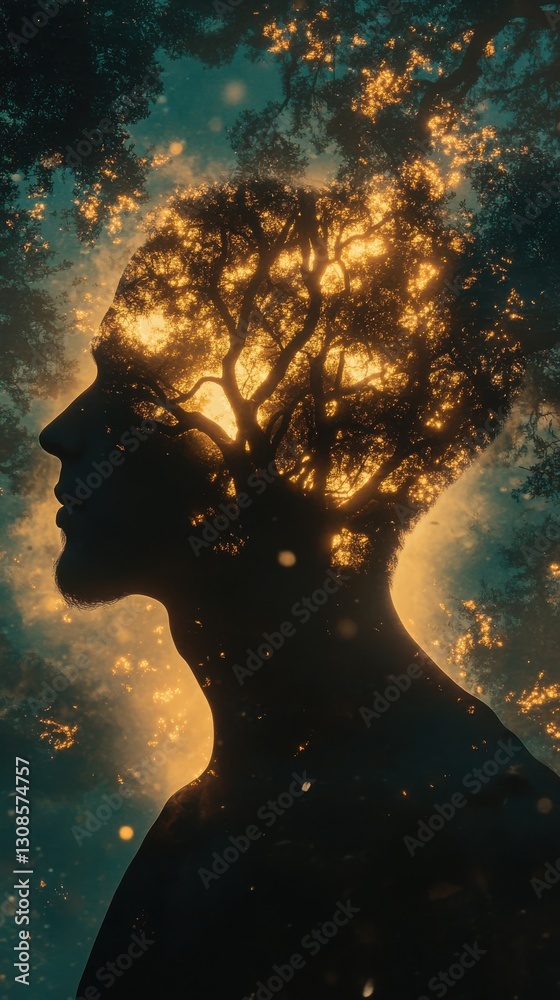 Leinwandbilder mystical silhouette of a man blending with glowing tree in an ethereal forest setting