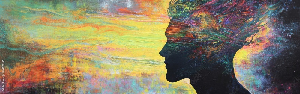 Aufkleber Mystical profile of a man filled with vibrant colors and abstract patterns representing imaginative thoughts