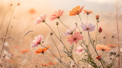 Naklejka premium A serene field of colorful flowers blooming in soft hues, illuminated by warm sunlight, creating a peaceful and dreamy atmosphere.