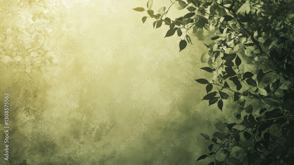 Poster Muted olive green background with subtle leaf details and soft texture enhancing a tranquil atmosphere