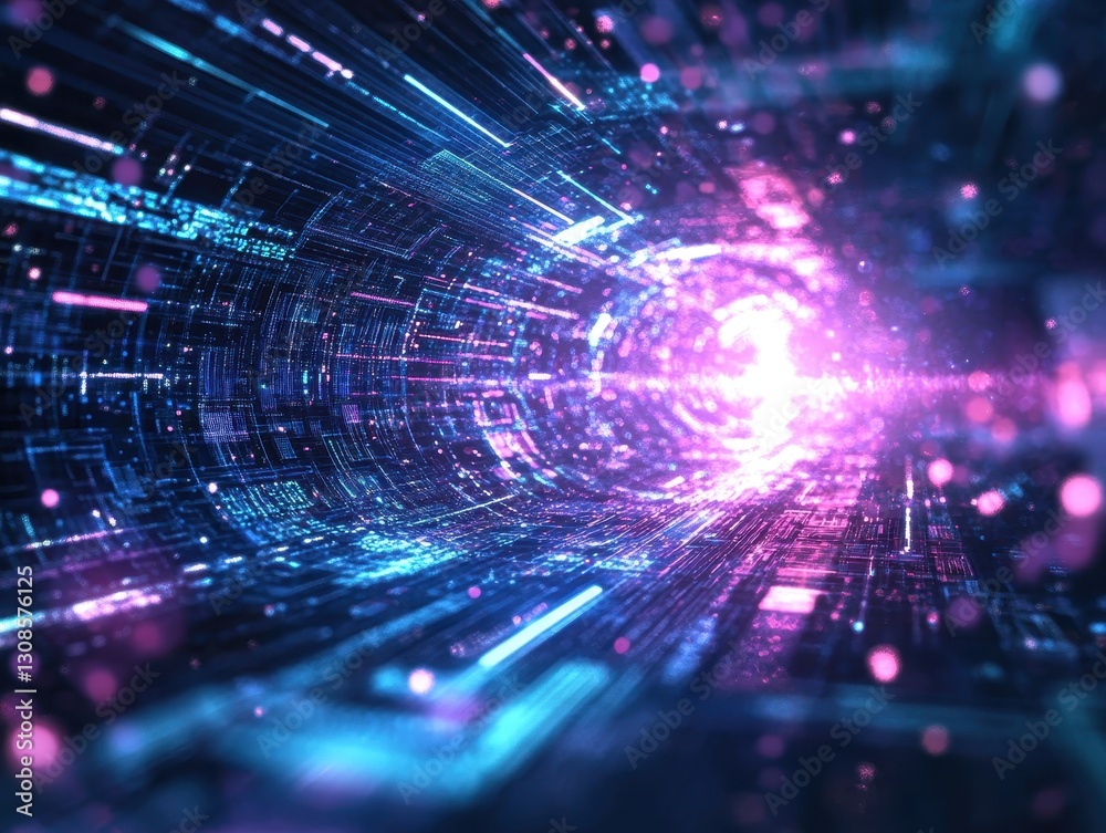 Poster dynamic abstract digital tunnel with glowing particles and lines, creating a sense of motion and dep