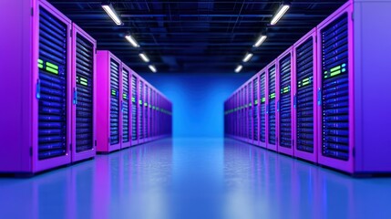 Purple Server Room:  A surreal and futuristic data center with rows of glowing purple servers, creating a mesmerizing visual and symbolic representation of the digital realm.  