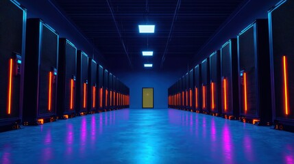 Data Center Interior: An atmospheric view of a data center's interior, showcasing rows of servers bathed in neon lights, suggesting cutting-edge technology and digital infrastructure.