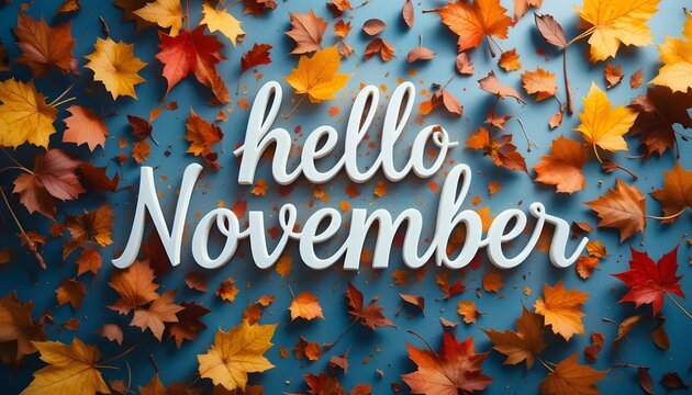 Hello November - Autumn Leaves Background with Seasonal Greeting Message