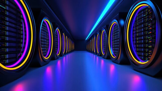 Data Center Aesthetics: Neon-lit servers creating a futuristic, data-centric environment emphasizing digital infrastructure and technological advancement.