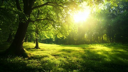 Obraz premium Sunlit Forest Landscape with Lush Green Foliage