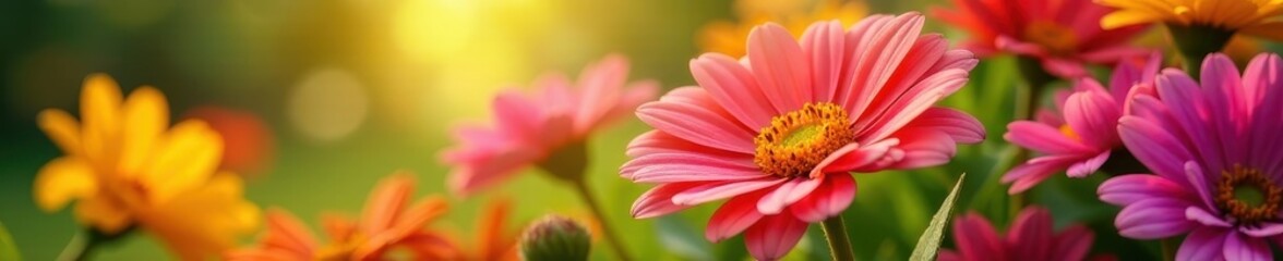 Close-up vibrant flower arrangement, sunlight dappled, springtime, texture