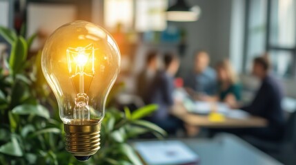 Glowing vintage light bulb illuminating a modern workspace with blurred professionals in background during daytime