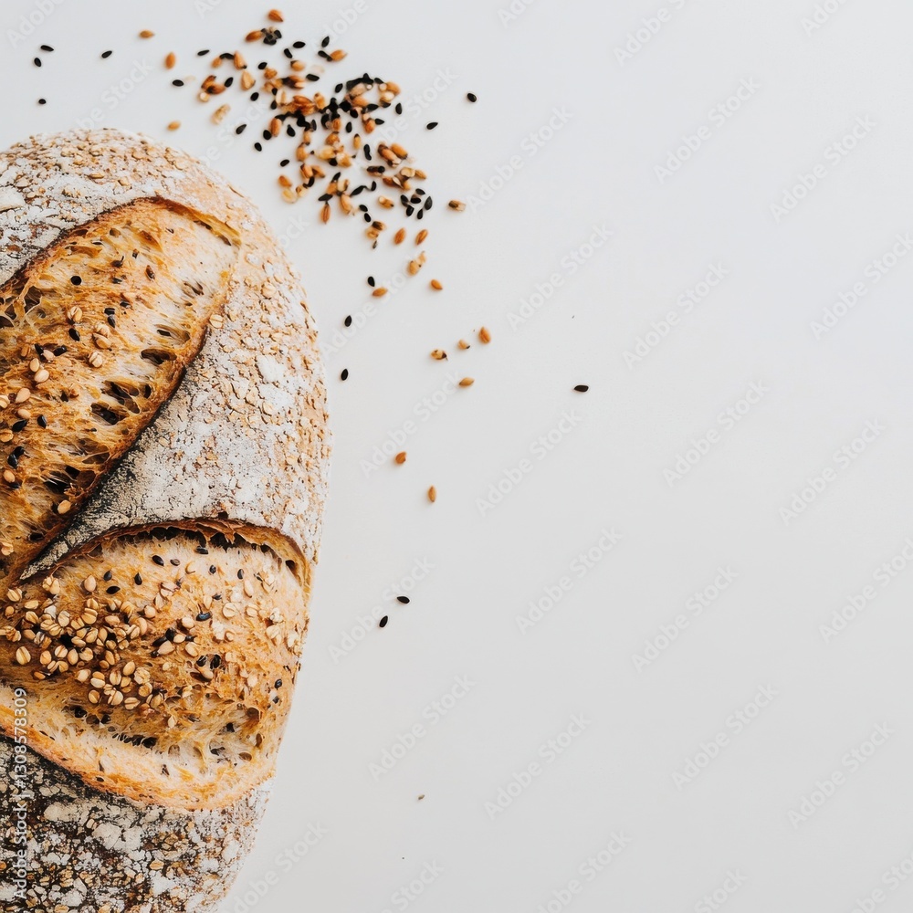 Poster freshly baked multigrain loaf with sesame and poppy seeds displayed on a clean surface