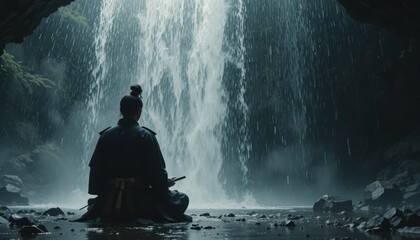 Obraz premium Meditative samurai contemplation enchanted cave cinematic visuals waterfall environment rear view serenity concept