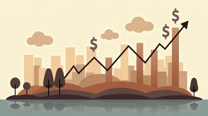 A stock illustration representing Climate action in brown and gray, blending gradients with metaphors of dollar signs and rising arrows. Texture overlays create depth and visual priority.