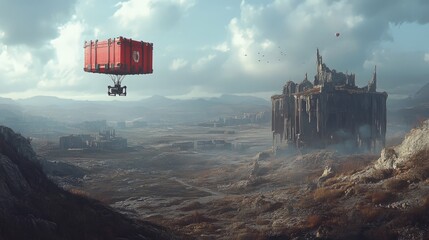 A drone drops a parachuted supply crate over a remote, devastated landscape, offering hope in a time of crisis