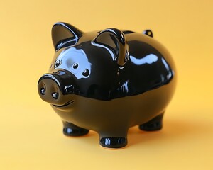 Shiny Black Piggy Bank on Yellow