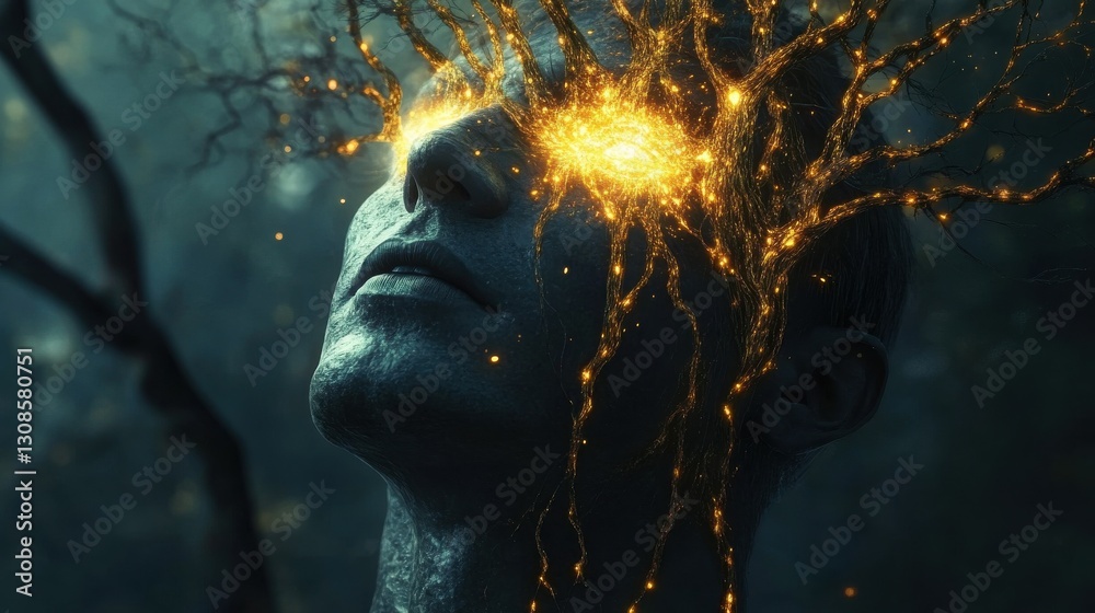 Poster glowing man's face intertwined with golden branches in an abstract forest setting