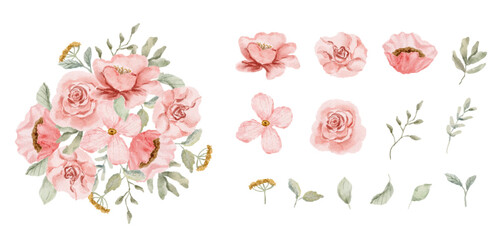 delicate pink floral bouquet and individual element watercolor collection