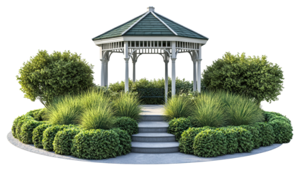 Beautiful park gazebo with greenery, isolated on transparent cutout background