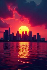 Obraz premium Miami skyline silhouette at sunset, fiery colors , scene, view