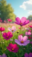 Fototapeta premium Vibrant cosmos flowers bloom in spring meadow , bloom, nature