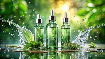 Green Liquid in Elegant Droppers Surrounded by Lush Nature Elements