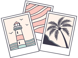Charming Polaroid-style images of a lighthouse and palm tree, perfect for summer decor.