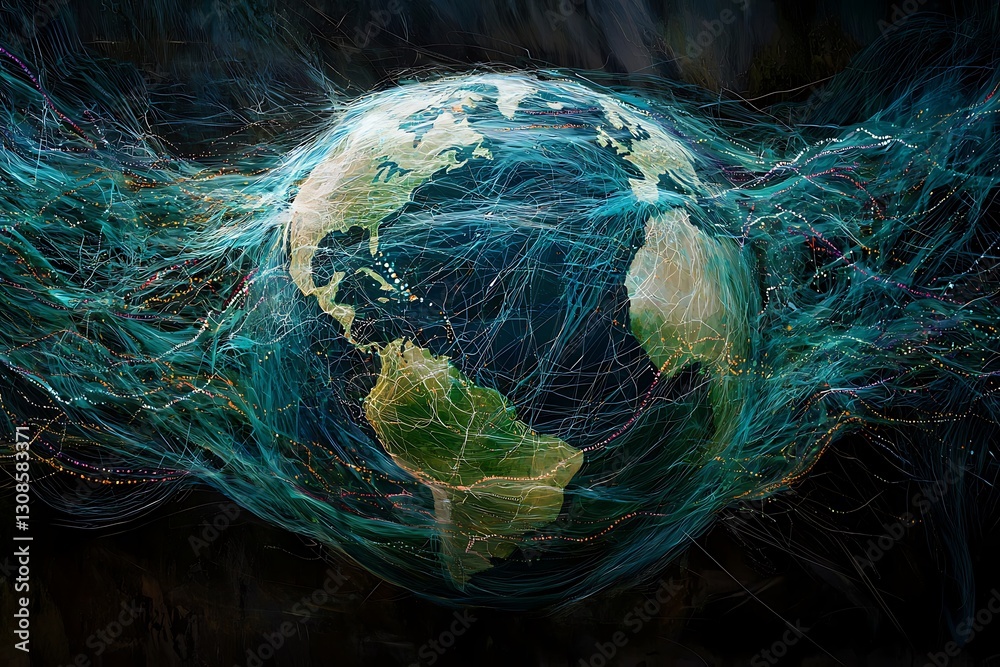 Wall mural abstract globe surrounded by flowing digital networks connecting all continents