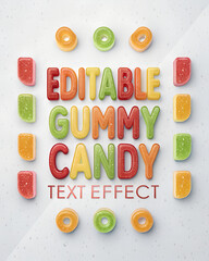 A colorful text effect displaying editable gummy candy in various shapes