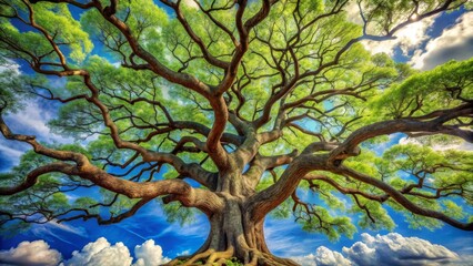 Fototapeta premium Majestic Ancient Tree with Lush Green Canopy Under a Vivid Blue Sky Filled with Puffy White Clouds