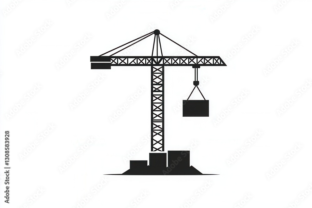 Poster minimalist construction logo featuring tower crane and block in modern line art style on monochrome 