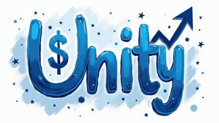 A stock illustration representing Unity in blue and white, with dynamic brushstrokes and metaphors of dollar signs and rising arrows. Textured overlays and spatial complexity.