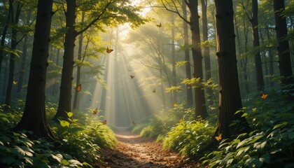 Obraz premium Majestic sunlight filtering through trees enchanted forest nature scene serene environment ground-level view tranquility concept
