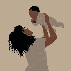 Vector abstract illustration of an African-American mother holding child in flat and paper cut style in soft pastel colors. For the design of Mother's Day cards, kids, baby banners. Mom and daughter