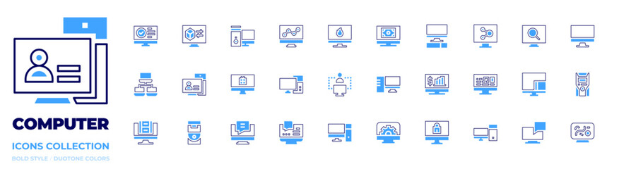 Computer icon collection. Bold style. Duotone colors. connection, computer, pc, engineering, search, voting, screen mirroring, message, network