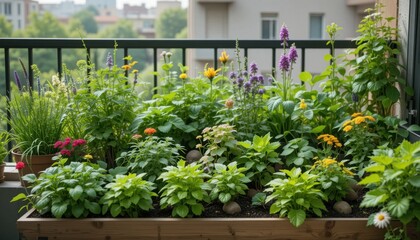 Fototapeta premium Vibrant urban garden balcony nature scene green environment close-up view sustainable living