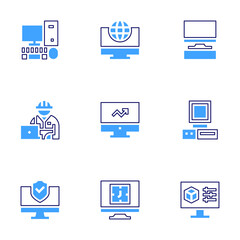 Computer icon set. Bold line style. Duotone colors. Editable stroke. global, personal computer, engineer, clock, computer, cyber security, settings
