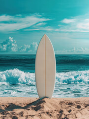 Serene Surfboard Scene: A surfboard stands elegantly upright on a sandy beach, with the vast ocean and sky providing a stunning backdrop, the image epitomizes the perfect moment for surfing.