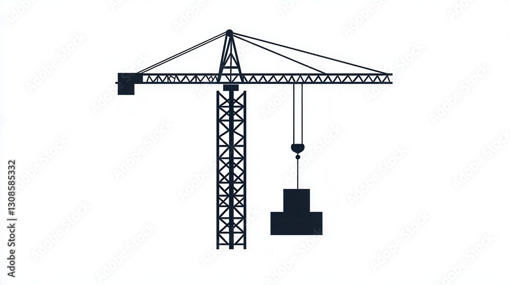 Poster minimalist construction logo featuring a silhouette of a tower crane lifting a block in modern line 