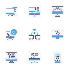 Computer icon set. Bold line style. Duotone colors. Editable stroke. online question, computer, research, chemistry, computer desktop, click
